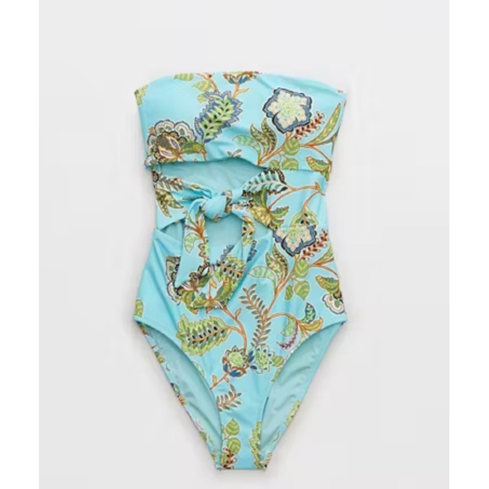 Aerie One Piece Swimsuit Sz XXL Blue Floral Cutouts‎ Strapless Tie Front
